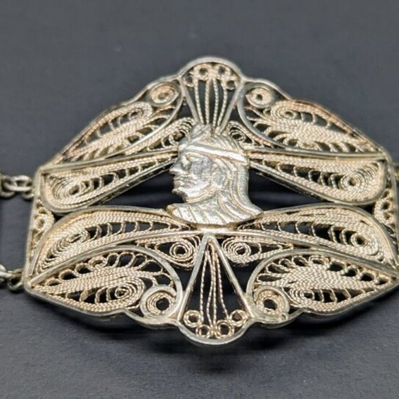 Vintage Silver Filigree Egyptian Llama Story Teller Panel Link 900 Bracelet Cuff - Picture 4 of 9